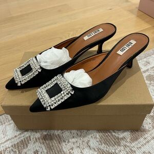 Anthropologie BiBi Lou Black Mules with Rhinestone Buckle